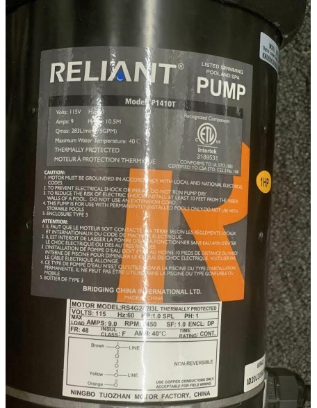 1 HP ABOVE GROUND POOL PUMP RELIANT P/N: RS4G24213L MODEL # P1410
