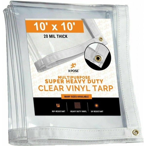 10 ' x 10' Clear Vinyl Tarp - Super Heavy Duty 20 Mil Transparent