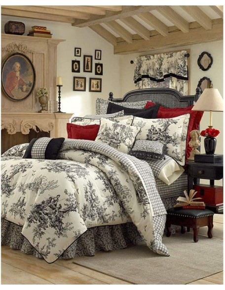 4 Piece French Country Comforter Set Cal King, Floral Toile Print Luxury Contemporary Homey Reversible Plaid Beautiful Decorative Elegant Soft Cozy Comfy Cotton