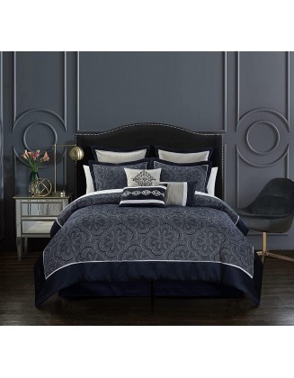 Chic Home Meryl 9 Piece Comforter Set Jacquard Geometric Scroll Medallion Pattern Solid Border  Bedding - Bed Skirt Decorative Pillows Shams Included, Queen, Navy