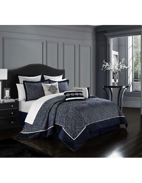 Chic Home Meryl 9 Piece Comforter Set Jacquard Geometric Scroll Medallion Pattern Solid Border  Bedding - Bed Skirt Decorative Pillows Shams Included, Queen, Navy