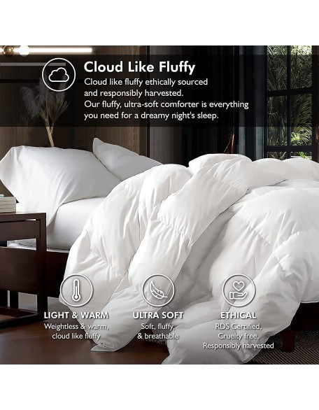 Luxurious Queen Size Goose Down Feather Comforter Down Feather Fiber Duvet Egyptian Cotton Cover - Baffle Box  - 48oz Fill Weight - Full/Queen Duvet - Solid White