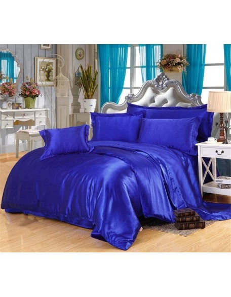 9 Piece Set Polyester Satin Silk Ultra Soft Hotel Class Comfortable Hotel Bedding (1 Comforter, 1 Fitted Sheet, 1 Flat Sheet, 4 Pillow Cases) (Royal Blue, Oversized Queen)