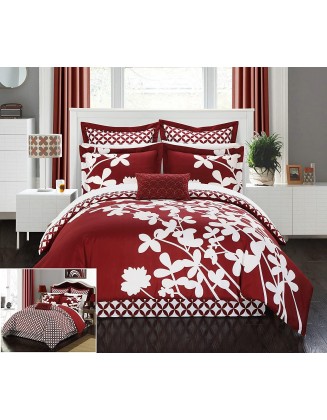 Chic Home 11 Piece Iris Reversible LarScale Floral  Printed with Diamond Pattern Reverse Queen Comforter Set Red with Sheet Set