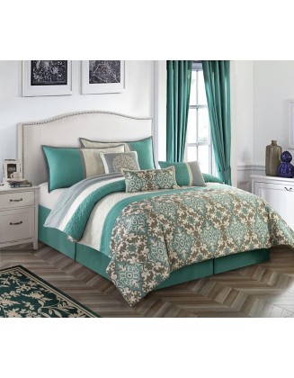 Grand Avenue Teal Comforter Set Queen Size, 7 Pieces All Season Bedding Set, Ultra Soft Bed Skirt Pillow Shams