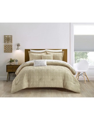 Chic Home Jane 5 Piece Comforter Set Clip Jacquard Geometric Quatrefoil Pattern  Bedding - Decorative Pillows Shams Included, King, Beige