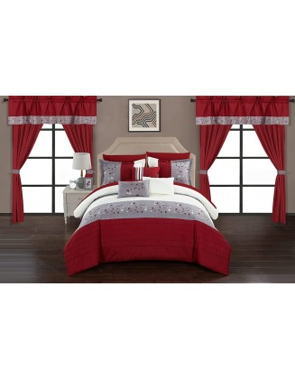 Chic Home Sonita 20 Piece Comforter Set Color Block Floral Embroidered Bag Bedding, Queen, Red