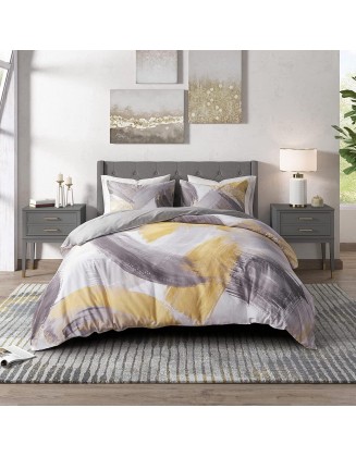 CosmoLiving Trendy Comforter Set, Modern All Season Cover, Cozy Bedding, Matching Shams, Full/Queen (90 in x 92 in), Andie Cotton Sateen, Abstract Brushstroke Print, Grey/Yellow 3 Piece