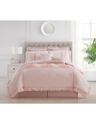 Chic Home Yvette 8 Piece Comforter Set Ruffled Pleated FlanBorder  Bedding - Bed Skirt Decorative Pillows Shams Included, Queen, Blush