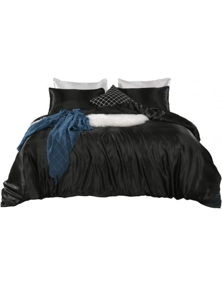 7 Piece Comforter with Sheet Set Polyester Satin Silk 15 Inch Deep Pocket Ultra Soft Comfortable Bedding (1 Comforter, 1 Fitted Sheet, 1 Flat Sheet, 4 Pillow Cases) (Black, Oversized Queen)