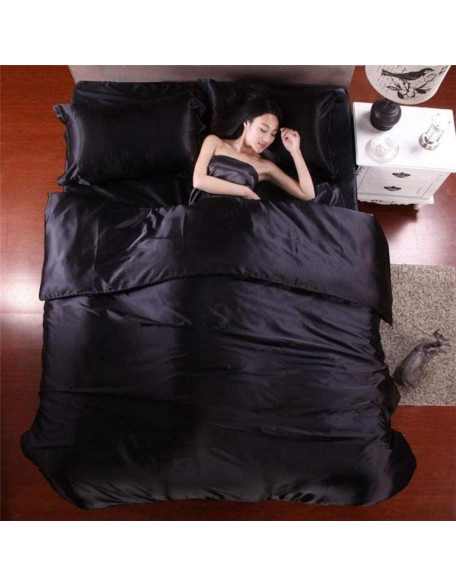 7 Piece Comforter with Sheet Set Polyester Satin Silk 15 Inch Deep Pocket Ultra Soft Comfortable Bedding (1 Comforter, 1 Fitted Sheet, 1 Flat Sheet, 4 Pillow Cases) (Black, Oversized Queen)