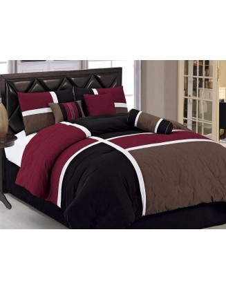 Chezmoi Collection 7-Piece Quilted Patchwork Comforter Set (Queen, Burgundy/Brown/Black)