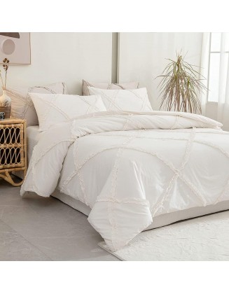 Bedbay White Comforter Queen Size Washed Cotton Linen Like Textured Comforter Set Luxury Diamond Ruffle 3 Pieces Shabby Chic Bedding Set (White,Queen)