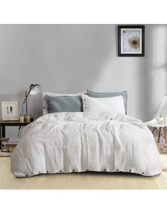 EVERLY Linen Duvet Cover Queen Size, Stonewashed French Linen Duvet Cover Set, 3 Pieces (1 Duvet Cover & 2 Pillowcases) Flax Cover Set with Coconut Button Closure, White