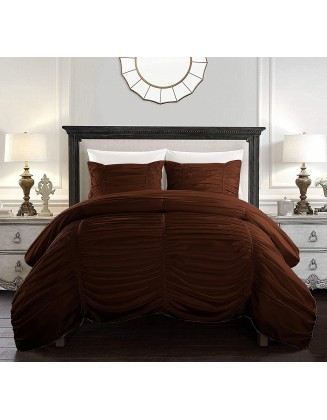 3 Piece Ruched Comforter Set 400 Thread Count 400 GSM Egyptian Cotton Decorative Bedding Set (1 Comforter, 2 Pillow Sham) (Chocolate, Oversized King)