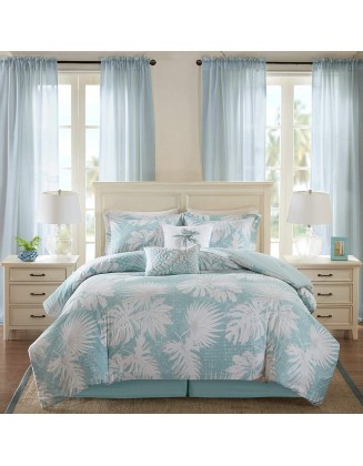 Harbor House Cozy Cotton Comforter Set - Coastal, All Season Down Alternative Casual Bedding with Matching Shams, Decorative Pillows, Grove, Palm Leaf Blue Queen(92