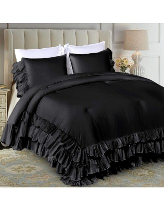 World Bedding Ruffled 3 Piece Comforter Set 600 GSM Egyptian Cotton Decorative Comfortable Bedding (1 Comforter, 2 Pillow Sham) (Black, Oversized Queen)