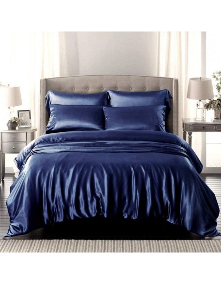 7 Piece Comforter with Sheet Set Polyester Satin Silk 15 Inch Deep Pocket Ultra Soft Comfortable Bedding (1 Comforter, 1 Fitted Sheet, 1 Flat Sheet, 4 Pillow Cases) (Navy Blue, Twin XL)