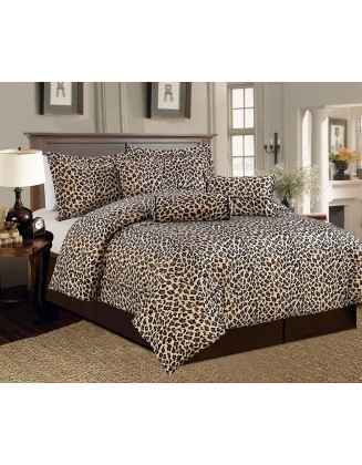 Beautiful 7 Pc Brown and BeiLeopard Print Faux Fur Comforter Bedding Set (King)