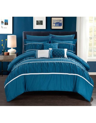 Chic Home Cheryl 10 Piece Comforter Set Complete Bed in a Bag Pleated Ruched Ruffled Bedding with Sheet Set and Decorative Pillows Shams Included, Teal,CS2117-AN