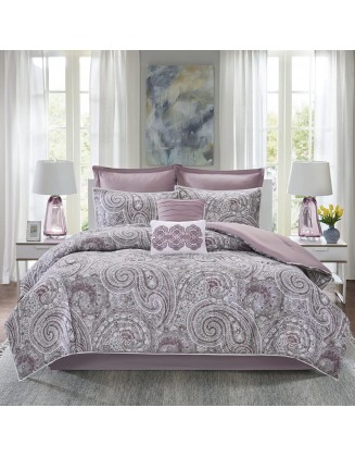 Comfort Spaces Cozy Comforter Set-Modern Classic  All Season Down Alternative Bedding, Matching Shams, Bedskirt, Decorative Pillows, Queen, Kashmir Paisley Purple 8 Piece