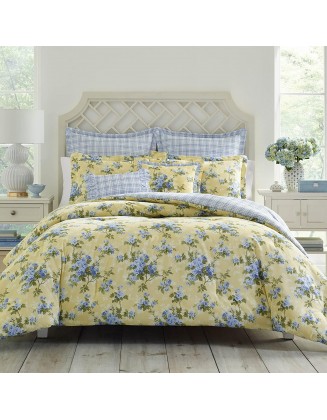 Laura Ashley Home - Twin Comforter Set, Cotton Reversible Bedding, Includes Matching Sham with Bonus Euro Sham & Throw Pillows (Cassidy Yellow, Twin)