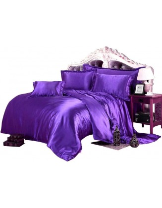 HR Decor Ultra Soft Luxurious Silk Like Satin 3-Piece Comforter Set (Comforter + Flat Sheet + Fitted Sheet) Durable Comfort Bedding Set (Queen, Purple)