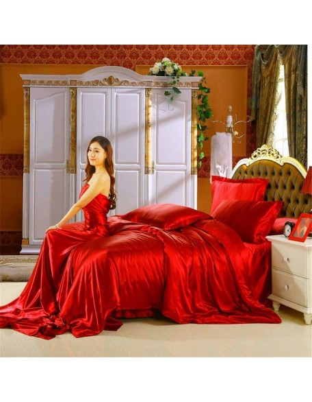7 Piece Comforter with Sheet Set Polyester Satin Silk 15 Inch Deep Pocket Ultra Soft Comfortable Bedding (1 Comforter, 1 Fitted Sheet, 1 Flat Sheet, 4 Pillow Cases) (Red, Full)