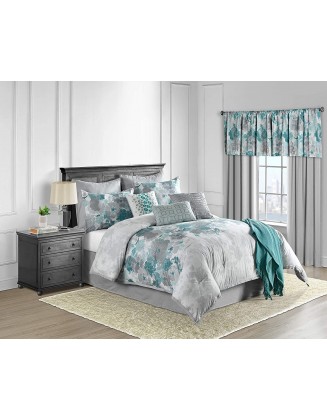 Lanwood 10-Piece Claire Comforter Set w/ Comforter, Bed Skirt, Throw Blanket, and Throw Pillows, Teal Floral, King