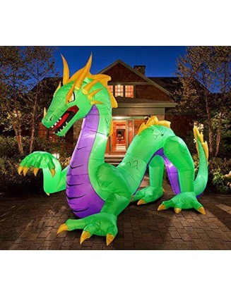 14Ft Long Halloween Inflatables Huge Green Dragon, Blow up with LED Lights