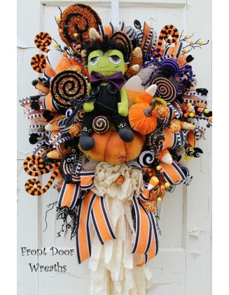 XL Halloween Wreath Handmade Frankenstein Candy Corn Lollipops Sprinkles Rag Bow
