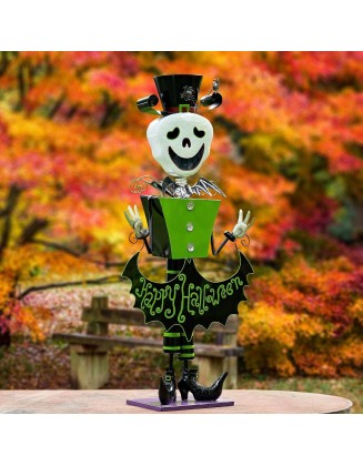 4.3ft Tall Metal Skeleton Man with Top-hat 'Happy Halloween' Figurine Decoration