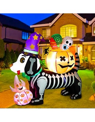 5 FT Halloween Inflatable Skeleton Dog with Witch Hat Pumpkin Ghost, Blow Up Holiday Inflatable Decorations with Built-in ...