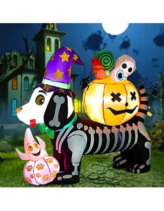 5 FT Halloween Inflatable Skeleton Dog with Witch Hat Pumpkin Ghost, Blow Up Holiday Inflatable Decorations with Built-in ...