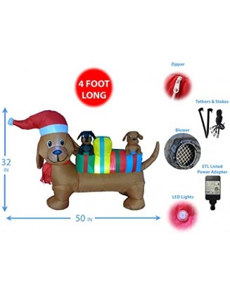 4 Foot Long Lighted Christmas Inflatable Three Dogs Puppies with Multicolor Gift Boxes LED Lights Outdoor Indoor Holiday B...