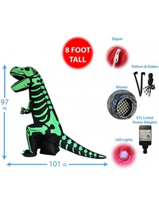 8 Foot Tall Halloween Inflatable Green Skeleton Dinosaur Tyrannosaurus T-Rex Lights Outdoor Indoor Holiday Decorations, Bl...