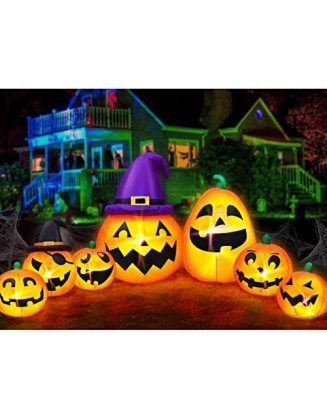 12Ft Extra Large&Long Halloween Inflatables 7 Pumpkins with 2 Witch Hats Outdoor Halloween Decorations with Build-in LED L...
