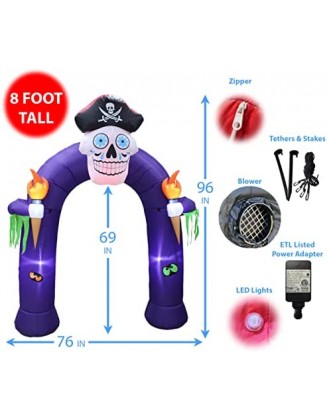8 Foot Tall Halloween Inflatable Pirate Skull Archway with Color Changing LED Lights Outdoor Indoor Holiday Decorations, B...