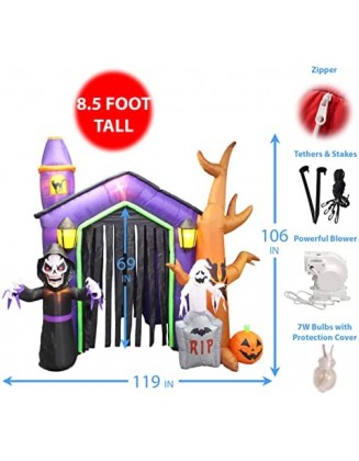 8.5 Foot Halloween Inflatable Haunted House Castle with Skeleton, Ghost, Tree and Pumpkin Lights Decor Outdoor Indoor Holi...