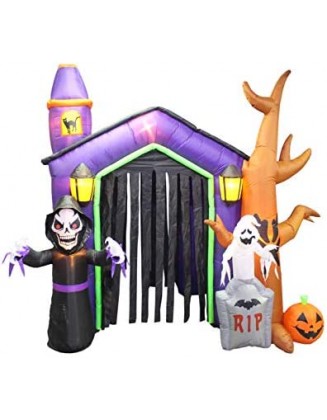8.5 Foot Halloween Inflatable Haunted House Castle with Skeleton, Ghost, Tree and Pumpkin Lights Decor Outdoor Indoor Holi...
