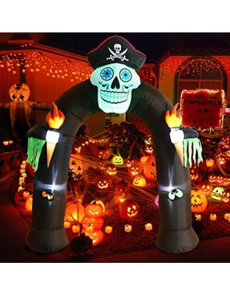 7.8 FT Halloween Inflatables Outdoor Decoration Blow Up Yard Decorations Pirate Skull Archway with Fire Torch with Built-i...