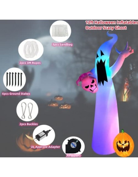 12Ft Halloween Inflatables Giant Ghost with Colors Changing LED Lights, Halloween Decorations Outdoor Blow Up with Sandbag...