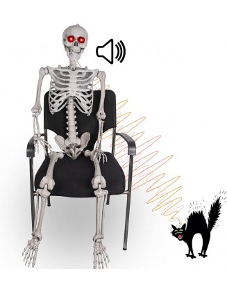 5.5FT Skeleton Halloween Decorations Life Size for Outdoor Indoor Decor -with LED Glowing Eyes Realistic Full Body Size Skeleton Pose and Stay, Large Hanging Halloween Posable Skeleton Movable Joints