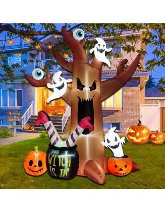 8 Ft Halloween Inflatables Outdoor Decorations - Outdoor Spooky Halloween Tree with Blow up Ghosts, Eyeballs, Pumpkins, Cauldron & Witch Legs - Built-in LED Lights for Outdoor Halloween Lawn Decor