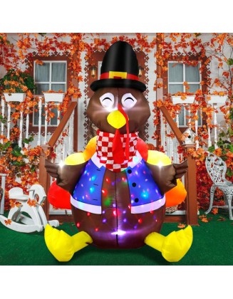 AerWo 6ft Inflatable Turkey Outdoor Thanksgiving Decoration, Blow Up Turkey Inflatable Built-in Colorful LED Rotating Lights with Stakes, Sandbag, for Fall Yard Lawn Party Holiday Decorations