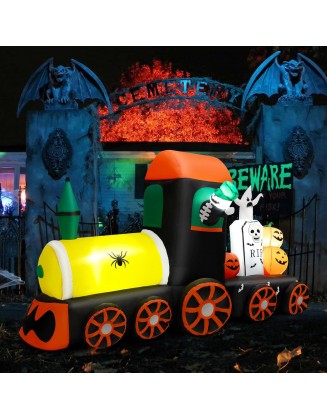 8 FT Long Halloween Decorations, Inflatable Train with Skeleton Ghost Tombstone Pumpkins, Blow Up Backyard Decor Build-in LED Lights for Outdoor Holiday Party Garden Lawn, Black & Yellow