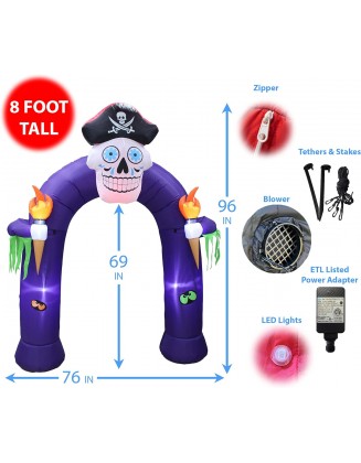 8 Foot Tall Halloween Inflatable Pirate Skull Archway with Color Changing LED Lights Outdoor Indoor Holiday Decorations, Blow up Lighted Yard Decor, Lawn Inflatables Home Family Outside