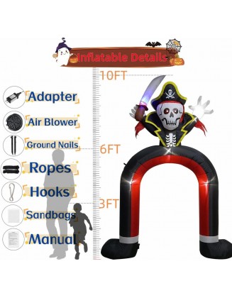 10FT Halloween Inflatable Pirate Skull Archway Outdoor, Blow up Haunted Arch with Build-in LEDs, Halloween Outdoor Garden Lawn Yard Party Decorations