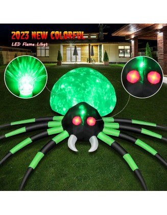 12FT Halloween Inflatables Spider Outdoor Decorations, Giant Blow Up Spider with Flame Lights & Red Glowing Eyes, Large Crawling Green Spider Props for Halloween Party Yard Garden Lawn Roof Decor