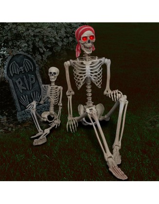 yosager 2 Pcs Halloween Skeleton Decorations, 5ft & 3ft Pose-N-Stay Life Size Skeleton with Glowing Eyes, Human Bones Full Body Realistic with Posable Joints, Pose Skeleton Prop, Haunted House Decor